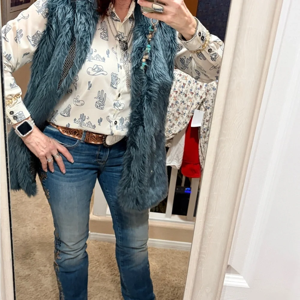 ECI Teal Faux Fur Vest Long Sleeveless - Med / Large Womens